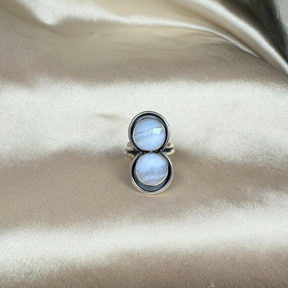 Handmade Blue Lace Agate Double Round Gemstone Silver Ring Jewelry Size 7.75 - Picture 1 of 5